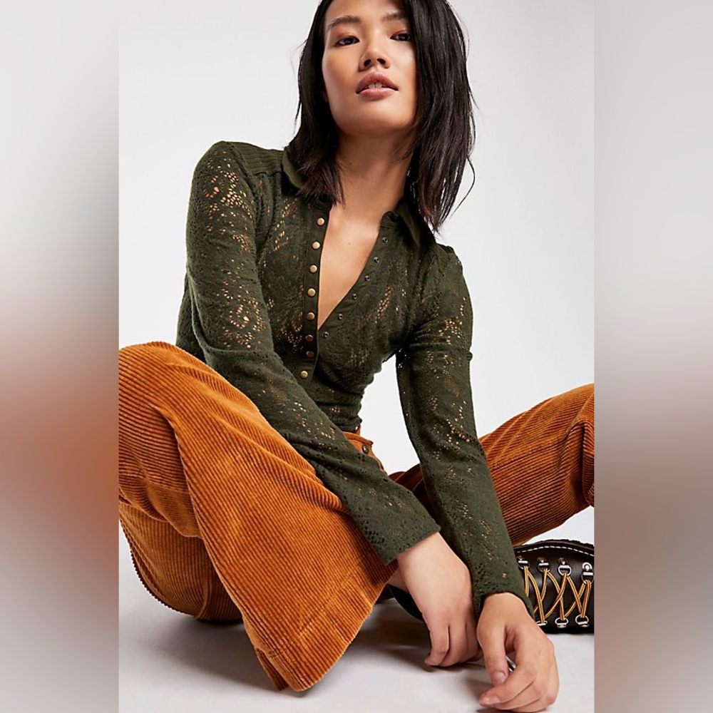 Free People Cosy Cadet Henley Black Women's Crochet Button-Up Long Sleeve Top